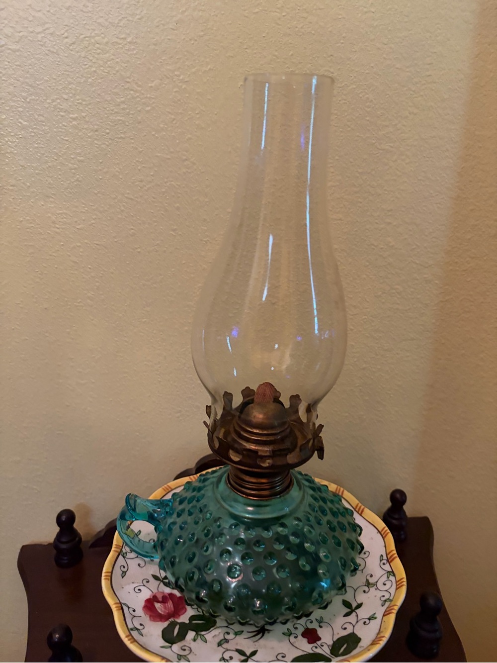 Vintage Green Hobnail Glass Oil Lamp - Teal Accent